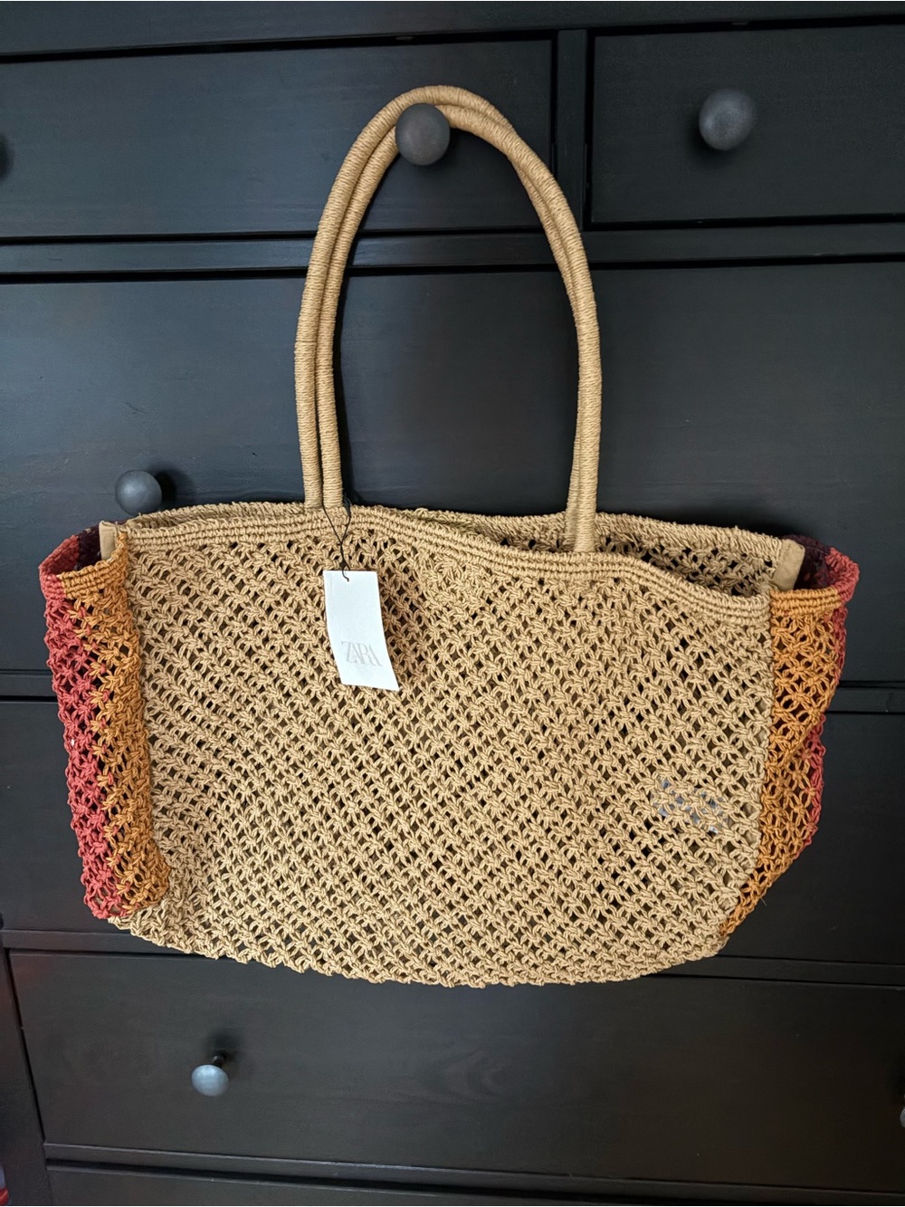NWTs: Zara Woven Tan Tote with Orange and Red Accents